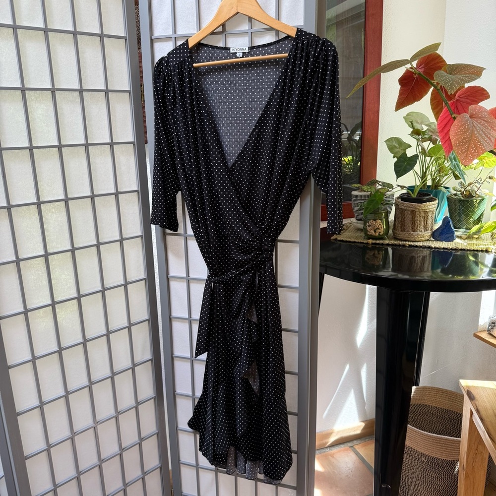 Kiyonna Black and White Polka Dot Wrap Midi Dress